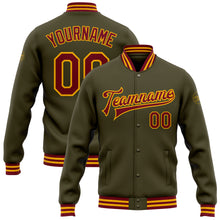 Laden Sie das Bild in den Galerie-Viewer, Custom Olive Crimson-Gold Bomber Full-Snap Varsity Letterman Salute To Service Jacket
