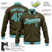 Laden Sie das Bild in den Galerie-Viewer, Custom Olive Teal-White Bomber Full-Snap Varsity Letterman Salute To Service Jacket