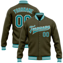 Laden Sie das Bild in den Galerie-Viewer, Custom Olive Teal-White Bomber Full-Snap Varsity Letterman Salute To Service Jacket