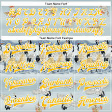 Laden Sie das Bild in den Galerie-Viewer, Custom Lakes Blue Gold-White Heron 3D Pattern Design Bomber Full-Snap Varsity Letterman Jacket