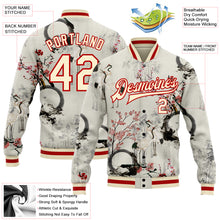 Laden Sie das Bild in den Galerie-Viewer, Custom Cream Red Heron And Flower 3D Pattern Design Bomber Full-Snap Varsity Letterman Jacket