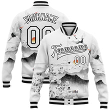 Laden Sie das Bild in den Galerie-Viewer, Custom White Black Heron And Flower 3D Pattern Design Bomber Full-Snap Varsity Letterman Jacket