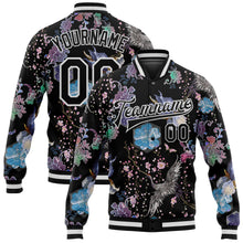 Laden Sie das Bild in den Galerie-Viewer, Custom Black White Heron And Flower 3D Pattern Design Bomber Full-Snap Varsity Letterman Jacket