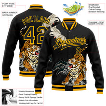 Load image into Gallery viewer, Custom Black Gold Heron And Tiger 3D Pattern Design Bomber Full-Snap Varsity Letterman Jacket