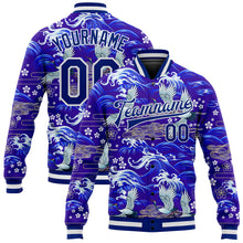 Load image into Gallery viewer, Custom Royal White Heron  And Wave 3D Pattern Design Bomber Full-Snap Varsity Letterman Jacket