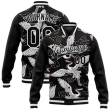 Laden Sie das Bild in den Galerie-Viewer, Custom Black White Heron And Cloud 3D Pattern Design Bomber Full-Snap Varsity Letterman Jacket