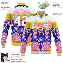 Laden Sie das Bild in den Galerie-Viewer, Custom White Pink-Gold Heron 3D Pattern Design Bomber Full-Snap Varsity Letterman Jacket