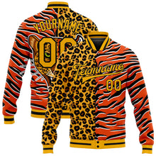 Laden Sie das Bild in den Galerie-Viewer, Custom Orange Gold-Black Tiger And Leopard Print 3D Pattern Design Bomber Full-Snap Varsity Letterman Jacket