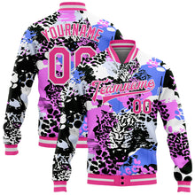 Load image into Gallery viewer, Custom Black Pink-White Leopard 3D Pattern Design Bomber Full-Snap Varsity Letterman Jacket