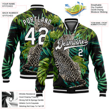 Загрузить изображение в средство просмотра галереи, Custom Black White Leopard And Tropical Palm Plants 3D Bomber Full-Snap Varsity Letterman Jacket