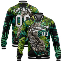 Загрузить изображение в средство просмотра галереи, Custom Black White Leopard And Tropical Palm Plants 3D Bomber Full-Snap Varsity Letterman Jacket