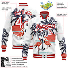 Charger l'image dans la galerie, Custom White Red Flamingo And Tropical Hawaii Palm Tree 3D Bomber Full-Snap Varsity Letterman Jacket