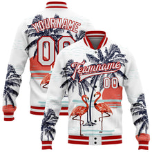 Charger l'image dans la galerie, Custom White Red Flamingo And Tropical Hawaii Palm Tree 3D Bomber Full-Snap Varsity Letterman Jacket