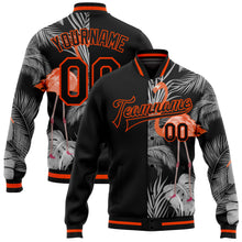 Загрузить изображение в средство просмотра галереи, Custom Black Orange-Gray Flamingo And Tropical Hawaii Palm Plants 3D Bomber Full-Snap Varsity Letterman Jacket