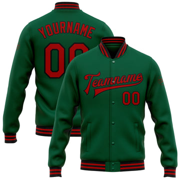 Custom Kelly Green Red-Black Bomber Full-Snap Varsity Letterman Jacket