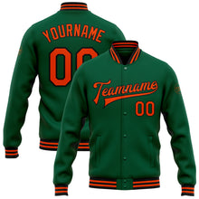 Load image into Gallery viewer, Custom Kelly Green Orange-Black Bomber Full-Snap Varsity Letterman Jacket
