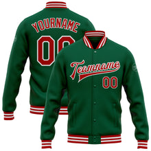 Загрузить изображение в средство просмотра галереи, Custom Kelly Green Red-White Bomber Full-Snap Varsity Letterman Jacket