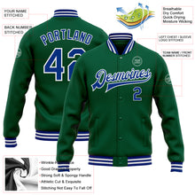 Загрузить изображение в средство просмотра галереи, Custom Kelly Green Royal-White Bomber Full-Snap Varsity Letterman Jacket