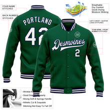 Load image into Gallery viewer, Custom Kelly Green White-Navy Bomber Full-Snap Varsity Letterman Jacket