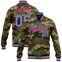 Charger l'image dans la galerie, Custom Camo Light Blue Black-Pink Bomber Full-Snap Varsity Letterman Salute To Service Jacket