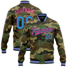 Load image into Gallery viewer, Custom Camo Sky Blue Black-Pink Bomber Full-Snap Varsity Letterman Salute To Service Jacket