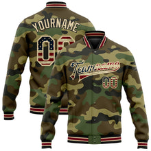 Laden Sie das Bild in den Galerie-Viewer, Custom Camo Vintage USA Flag City Cream Crimson-Black Bomber Full-Snap Varsity Letterman Salute To Service Jacket