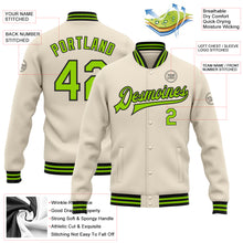 Load image into Gallery viewer, Custom Cream Neon Green-Black Bomber Full-Snap Varsity Letterman Jacket