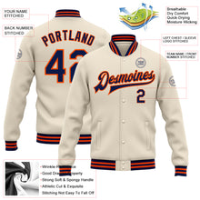 Load image into Gallery viewer, Custom Cream Navy-Orange Bomber Full-Snap Varsity Letterman Jacket