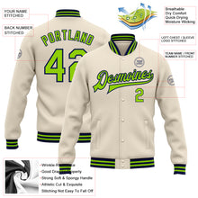 Load image into Gallery viewer, Custom Cream Neon Green-Navy Bomber Full-Snap Varsity Letterman Jacket