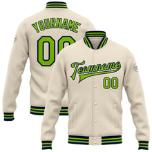 Load image into Gallery viewer, Custom Cream Neon Green-Navy Bomber Full-Snap Varsity Letterman Jacket