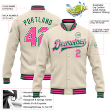 Load image into Gallery viewer, Custom Cream Pink-Kelly Green Bomber Full-Snap Varsity Letterman Jacket