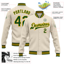 Load image into Gallery viewer, Custom Cream Green-Gold Bomber Full-Snap Varsity Letterman Jacket