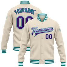 Load image into Gallery viewer, Custom Cream Purple-Teal Bomber Full-Snap Varsity Letterman Jacket