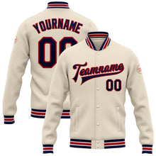 Load image into Gallery viewer, Custom Cream Navy-Red Bomber Full-Snap Varsity Letterman Jacket