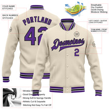 Load image into Gallery viewer, Custom Cream Purple-Black Bomber Full-Snap Varsity Letterman Jacket