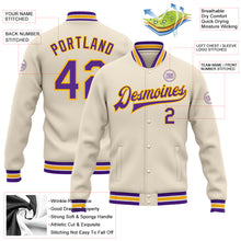 Load image into Gallery viewer, Custom Cream Purple-Gold Bomber Full-Snap Varsity Letterman Jacket