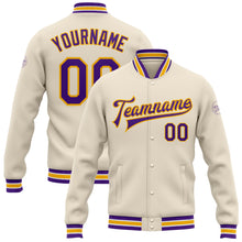 Load image into Gallery viewer, Custom Cream Purple-Gold Bomber Full-Snap Varsity Letterman Jacket