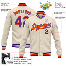 Load image into Gallery viewer, Custom Cream Purple-Orange Bomber Full-Snap Varsity Letterman Jacket