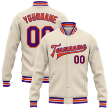 Load image into Gallery viewer, Custom Cream Purple-Orange Bomber Full-Snap Varsity Letterman Jacket