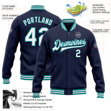 Load image into Gallery viewer, Custom Navy White-Teal Bomber Full-Snap Varsity Letterman Jacket