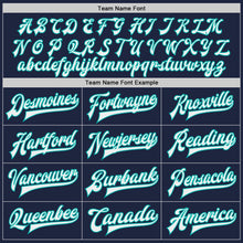 Load image into Gallery viewer, Custom Navy White-Aqua Bomber Full-Snap Varsity Letterman Jacket