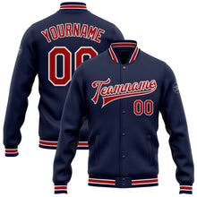 Загрузить изображение в средство просмотра галереи, Custom Navy Red-White Bomber Full-Snap Varsity Letterman Jacket