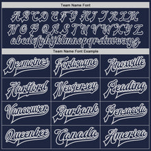 Load image into Gallery viewer, Custom Navy White-Gray Bomber Full-Snap Varsity Letterman Jacket