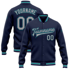Charger l'image dans la galerie, Custom Navy Gray-Teal Bomber Full-Snap Varsity Letterman Jacket