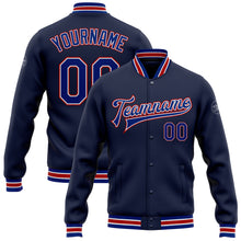 Загрузить изображение в средство просмотра галереи, Custom Navy Royal-Red Bomber Full-Snap Varsity Letterman Jacket