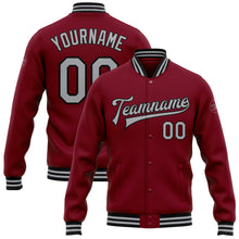 Загрузить изображение в средство просмотра галереи, Custom Crimson Gray-Black Bomber Full-Snap Varsity Letterman Jacket