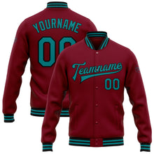 Загрузить изображение в средство просмотра галереи, Custom Crimson Teal-Black Bomber Full-Snap Varsity Letterman Jacket