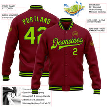 Загрузить изображение в средство просмотра галереи, Custom Crimson Neon Green-Black Bomber Full-Snap Varsity Letterman Jacket