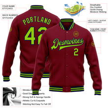 Charger l'image dans la galerie, Custom Crimson Neon Green-Navy Bomber Full-Snap Varsity Letterman Jacket