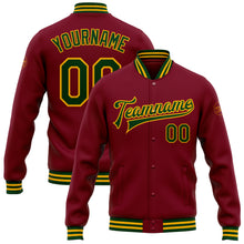 Загрузить изображение в средство просмотра галереи, Custom Crimson Green-Gold Bomber Full-Snap Varsity Letterman Jacket